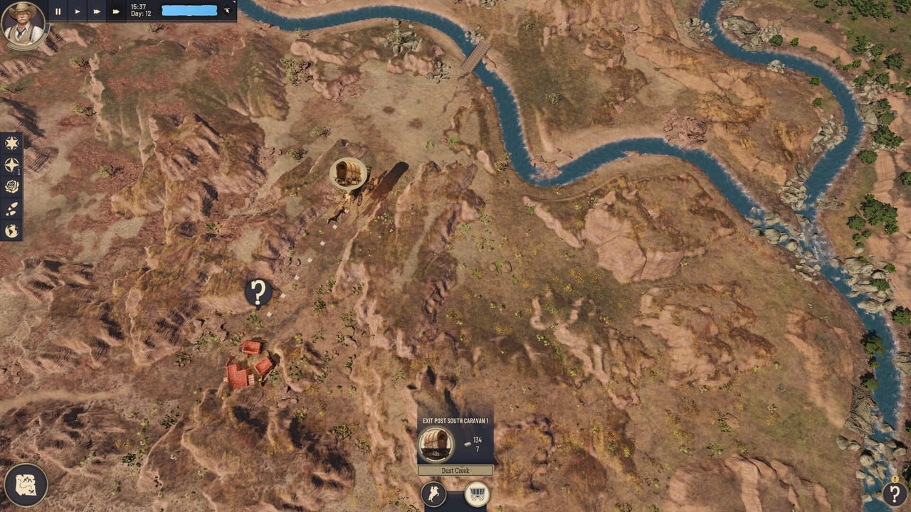 Weltkarte von Wild West Pioneers mit einem Planwagen-Konvoi durch Canyonlandschaft Richtung Dust Creek